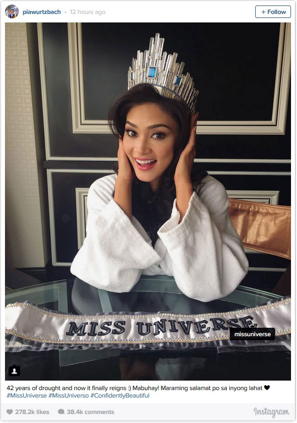 Pia Wurtzbach posts a photo of herself with her crown and sash on Instagram yesterday, her first day as Miss Universe. Her post reads: “42 years of drought and now it finally reigns :) Mabuhay! Maraming salamat po sa inyong lahat.”